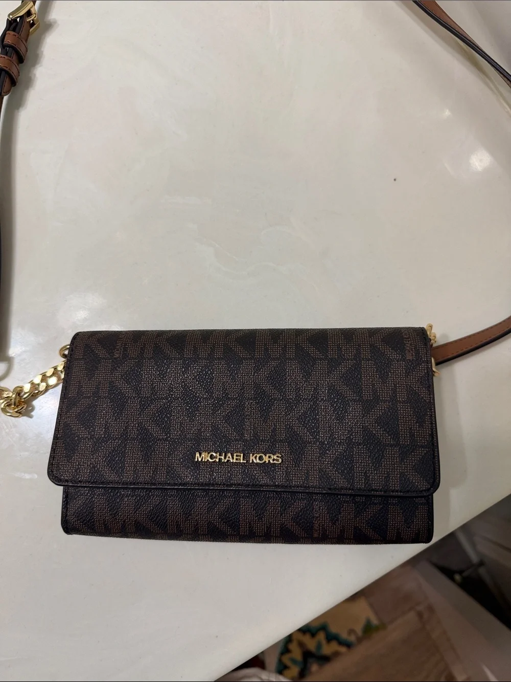 Michael Kors Dark Brown Signature MK Crossbody Wallet with Gold Hardware